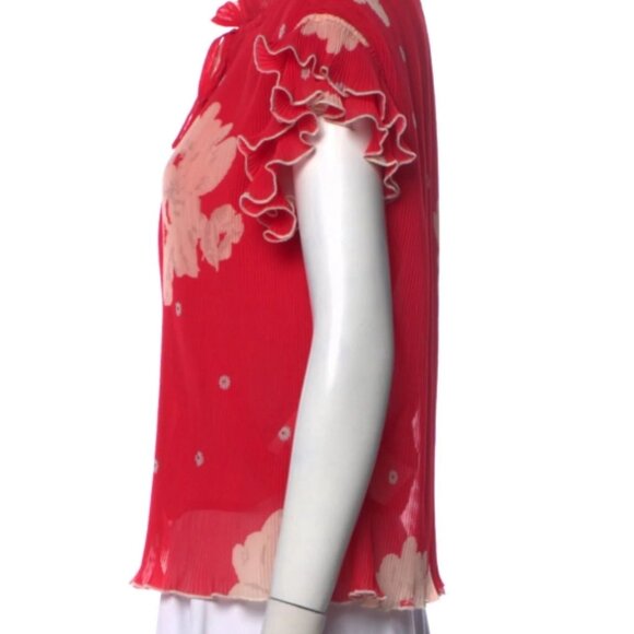 NWOT GANNI Ruffle Cap Sleeves Red Floral Plissé Chiffon Tie Blouse/Top S $265 - Picture 5 of 10